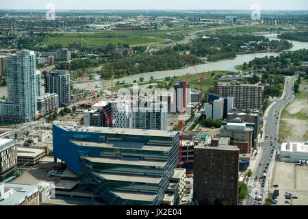 The Calgary Municipal Building and Apartment Buildings in Downtown Calgary with the Bow River Alberta Canada from Calgary Tower Stock Photo