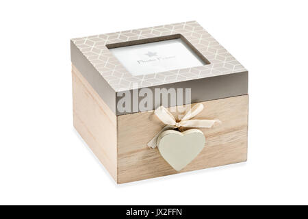 Beautiful closed gift box with heart with a heart in front and with a photo frame at the top isolated on a white background Stock Photo
