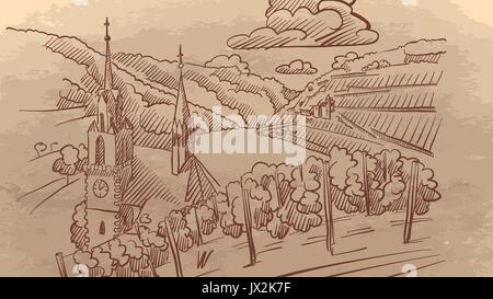 Vineyard Landscape in Europe, hand drawn vector illustration with church, hills and river, sepia brown vintage style Stock Vector