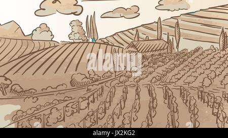 Vintage Vineyard Landcape Drawing, hand drawn vector illustration with farm and hills, sepia brown vintage style Stock Vector