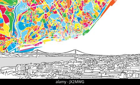 Lisbon Skyline and colorful modern urban city map, beautiful handdrawn vector sketch Stock Vector