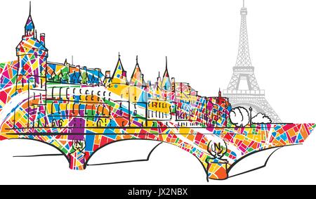 Paris Urban City Bridge and Eiffel Tower, hand-drawn vector sketch and colorful map symbol. Stock Vector