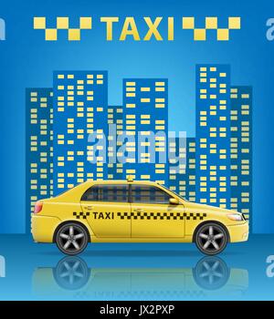 Realistic Taxi car with blue city background. City taxi banner. Vector illustration Stock Vector