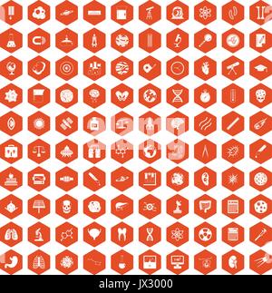 100 science icons hexagon orange Stock Vector