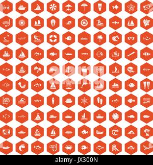 100 sea icons hexagon orange Stock Vector