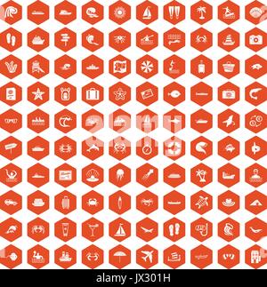 100 sea life icons hexagon orange Stock Vector