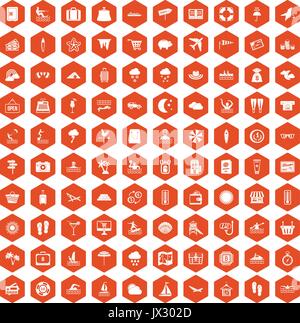 100 seaside resort icons hexagon orange Stock Vector