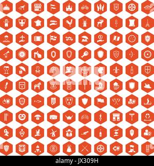 100 shield icons hexagon orange Stock Vector