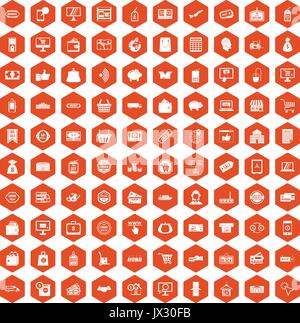 100 shopping icons hexagon orange Stock Vector