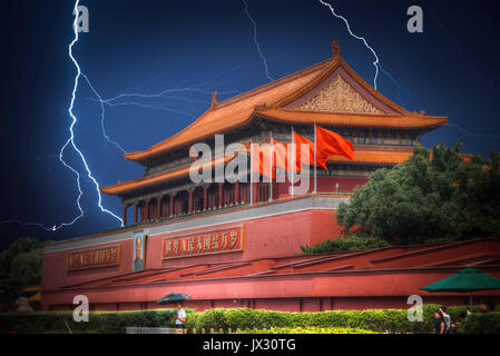 Tiananmen Square is located in the center of Beijing, the capital of the People's Republic of China. Bright flashes of lightning during a thunderstorm Stock Photo