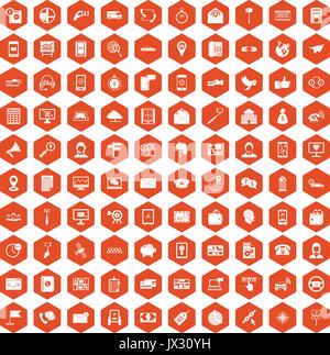 100 smartphone icons hexagon orange Stock Vector