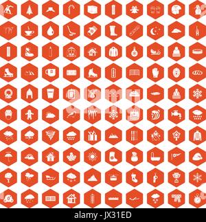 100 snow icons hexagon orange Stock Vector
