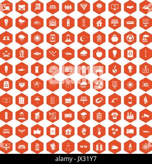 100 solar energy icons hexagon orange Stock Vector