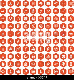 100 space icons hexagon orange Stock Vector