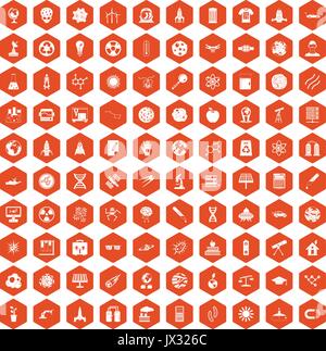 100 space technology icons hexagon orange Stock Vector