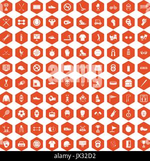 100 sport equipment icons hexagon orange Stock Vector