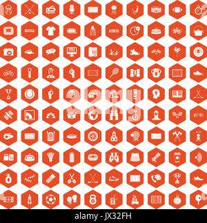100 sport journalist icons hexagon orange Stock Vector