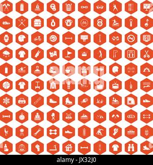 100 sport life icons hexagon orange Stock Vector