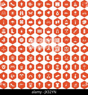 100 spring icons hexagon orange Stock Vector
