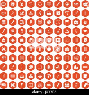 100 stationery icons hexagon orange Stock Vector