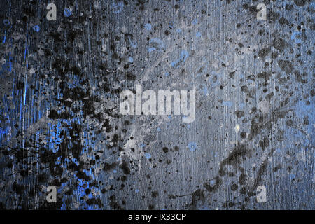 Hand painted splattered black, blue and grey wood grain texture background with acrylic paint splatter Stock Photo
