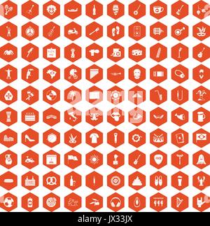 100 street festival icons hexagon orange Stock Vector