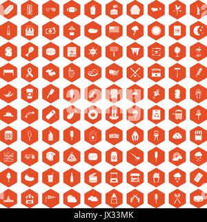 100 street food icons hexagon orange Stock Vector
