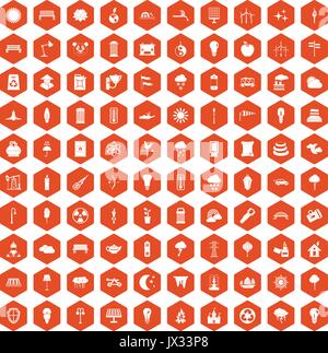 100 street lighting icons hexagon orange Stock Vector