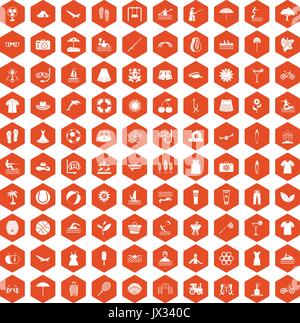 100 summer icons hexagon orange Stock Vector