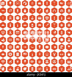 100 summer holidays icons hexagon orange Stock Vector