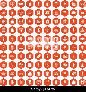 100 summer shopping icons hexagon orange Stock Vector