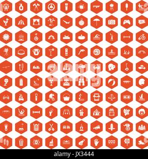 100 summer vacation icons hexagon orange Stock Vector