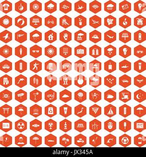 100 sun icons hexagon orange Stock Vector