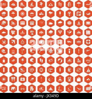 100 surfing icons hexagon orange Stock Vector