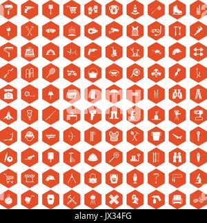 100 tackle icons hexagon orange Stock Vector