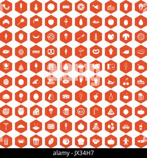 100 tasty food icons hexagon orange Stock Vector
