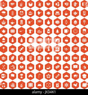 100 tea cup icons hexagon orange Stock Vector