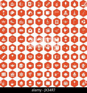 100 tea party icons hexagon orange Stock Vector