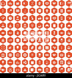 100 tea time food icons hexagon orange Stock Vector