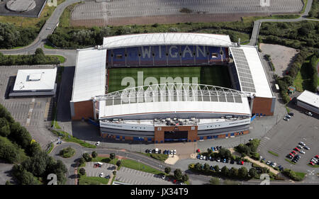 aerial view of the Brick Community Stadium (formerly the DW Stadium) in Wigan, Lancashire Stock Photo