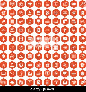 100 telecommunication icons hexagon orange Stock Vector