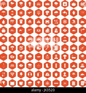 100 thunderstorm icons hexagon orange Stock Vector