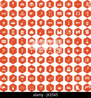100 tools icons hexagon orange Stock Vector