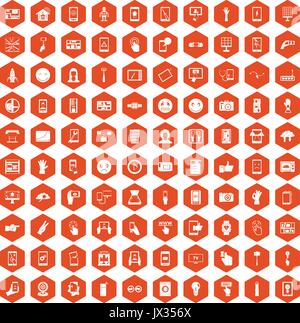100 touch screen icons hexagon orange Stock Vector
