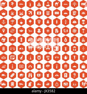 100 tourism icons hexagon orange Stock Vector