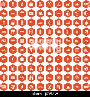 100 tourist trip icons hexagon orange Stock Vector
