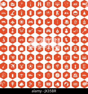 100 toys for kids icons hexagon orange Stock Vector