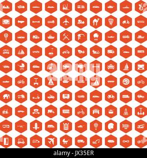 100 transport icons hexagon orange Stock Vector