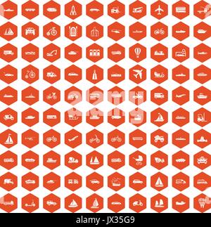100 transportation icons hexagon orange Stock Vector