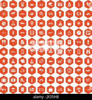 100 travel icons hexagon orange Stock Vector